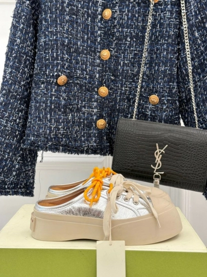 2025 Women Yves Saint Laurent Silver Leather Platform Sneakers With Orange And Beige Laces YSL123(F)