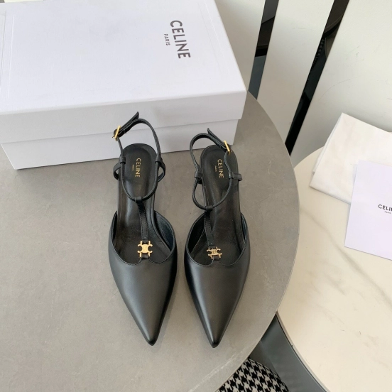 2025 Women Celine Black Calfskin Leather T-Strap TRIOMPHE Pumps