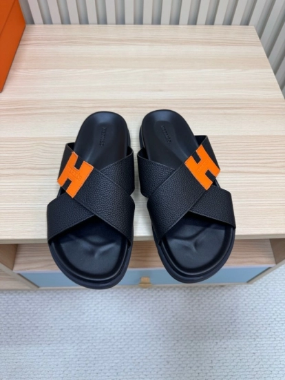 2025 Slippers Hermès Black Orange Leather Slippers