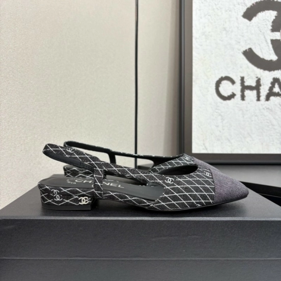 2025 Women Chanel Black White Fabric Leather Slingback LY00240