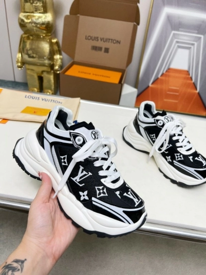 2025 Unisex Louis Vuitton Black White Fabric Leather Sneakers LY00340(F)/LY00341(M)