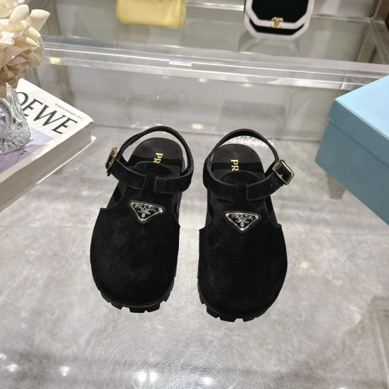 2025 Women Prada Black Suede Sandals LY00270