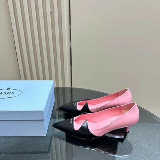 2025 Women Prada Pink Black Leather Pointed Toe Low Heel KFY00310