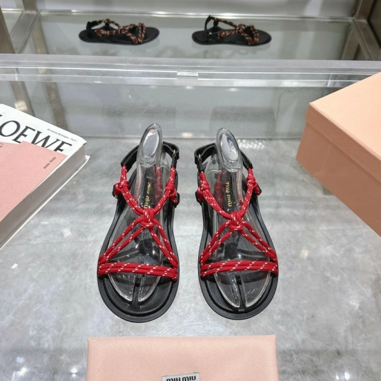 2025 Women Miu Miu Red Black Leather Rope Sandals KFY00200