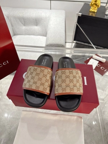 2025 Unisex Gucci Beige Brown Canvas Leather Slippers GG Embossed AS00240