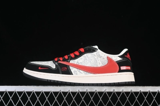 Nike Travis Scott x Fragment Design x Air Jordan 1 Low OG SP AJ1 Supreme Collaboration Floral Carving Red Hook Low-top Casual Sneakers - LD2025-035